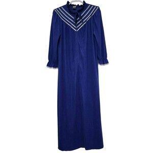 Vtg Granada Womens Long Half-Zip Robe Ruffles Blue White Lace Made in USA Size L